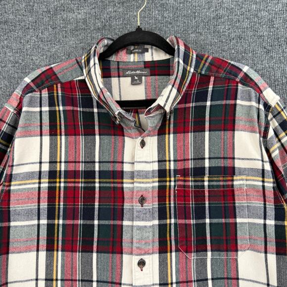 Eddie Bauer Flannel Button Up Shirt Mens XL White Red Tartan Plaid Classic Fit - Picture 2 of 10
